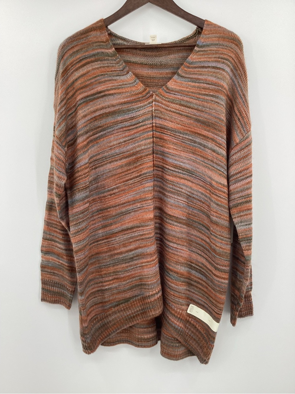 a.n.a Striped V-Neck Sweater in Rust, Gray, and Cream